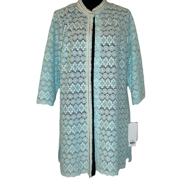 CARLISLE NWT Mint Guipure Lace Snap Button Longline Kimono Topper Jacket 12 - Picture 1 of 16